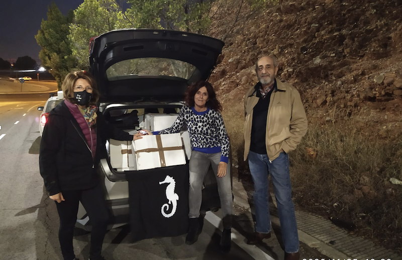 La catedrática Teresa Vicente y dos colaboradores con los pleigos recogidos de la Junta Electoral Central de Madrid