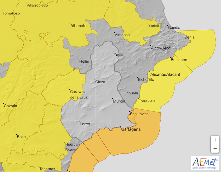 Mapa de alertas por vientos en la costa murciana